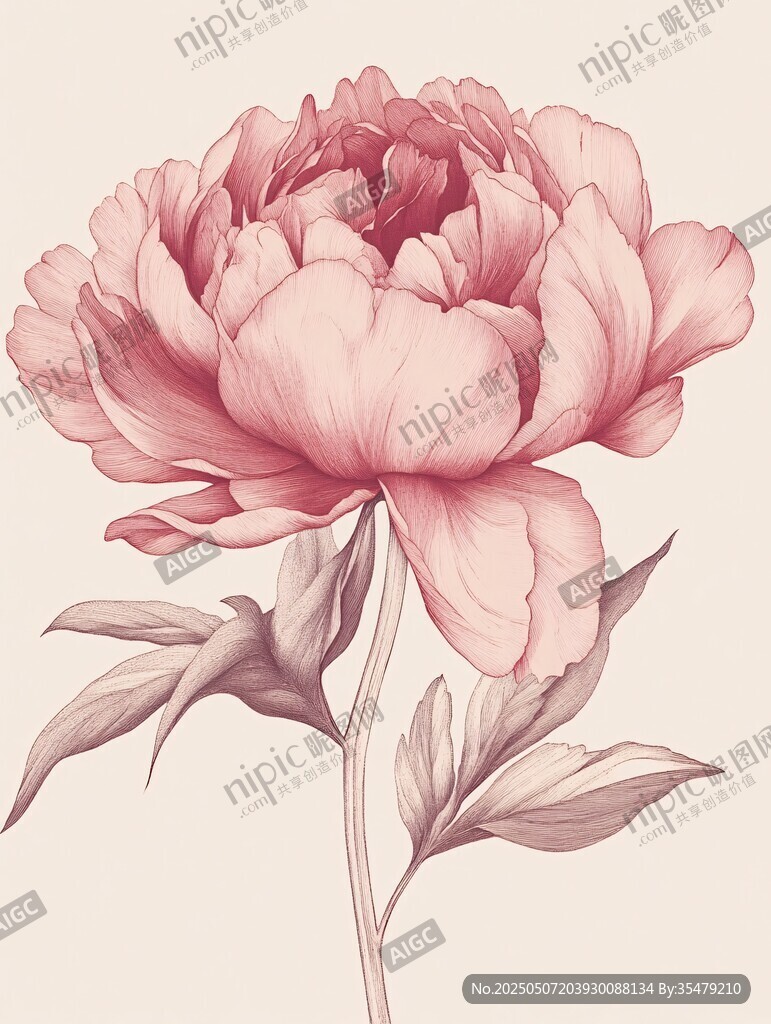 粉色牡丹花插畫藝術圖