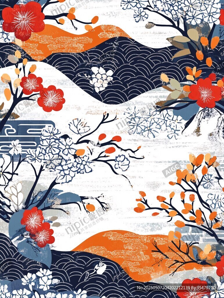 中式風花卉海浪圖案設計
