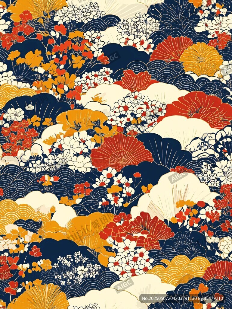 日式和風花卉海浪圖案