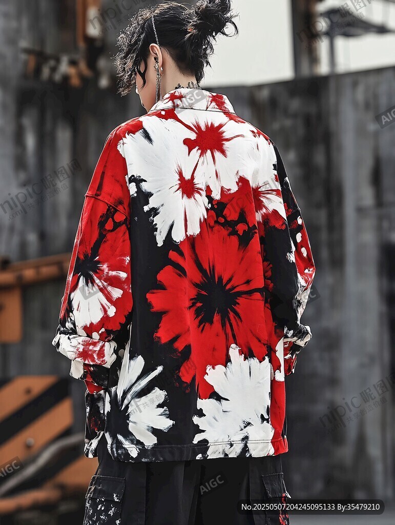 個(gè)性紅白花印花寬松襯衫