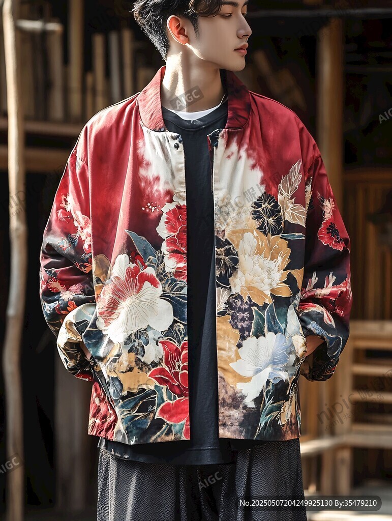 男士中式印花夾克穿搭展示