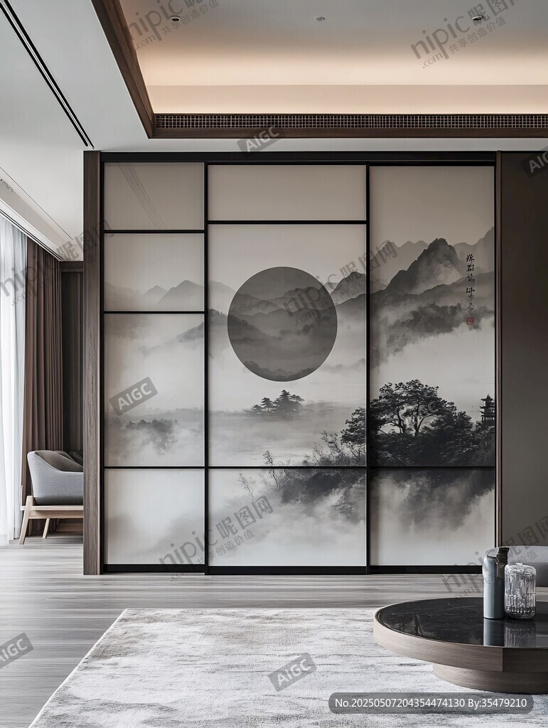 中式山水屏風(fēng)客廳美陳