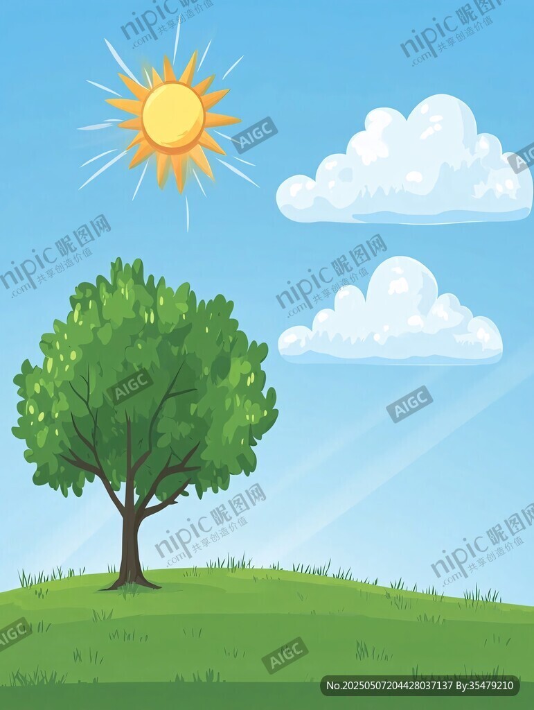 晴朗草地旁的綠樹與暖陽