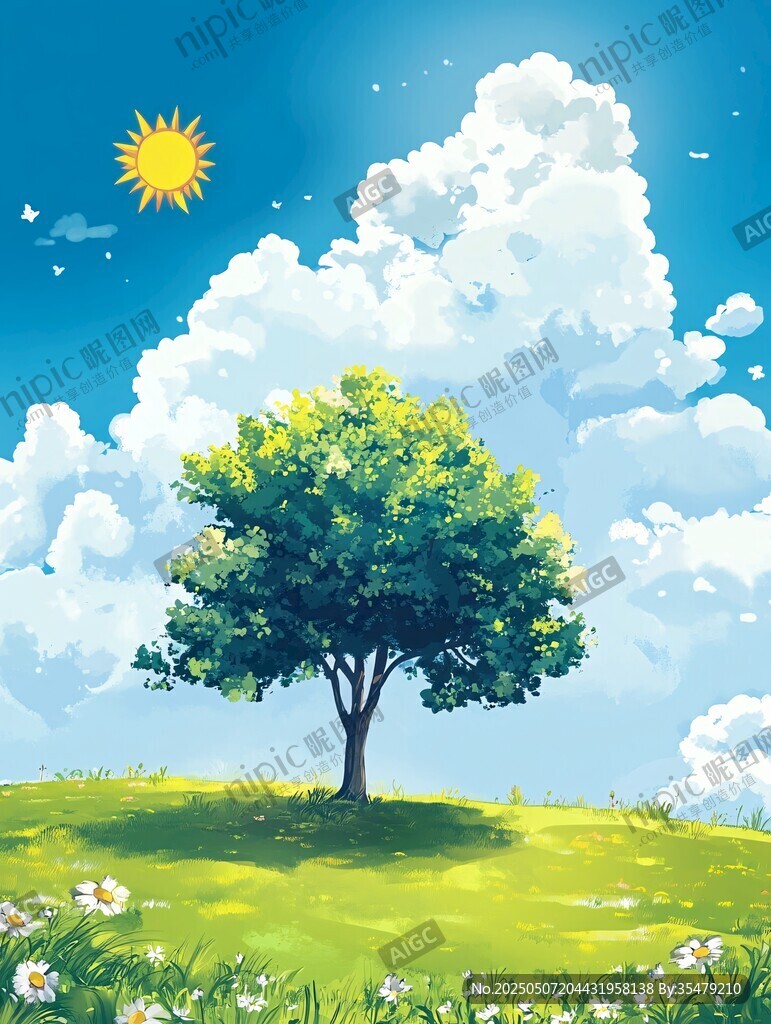 陽(yáng)光下的綠樹與草地