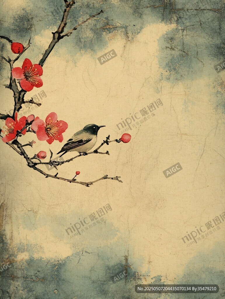 枝頭棲鳥映紅梅