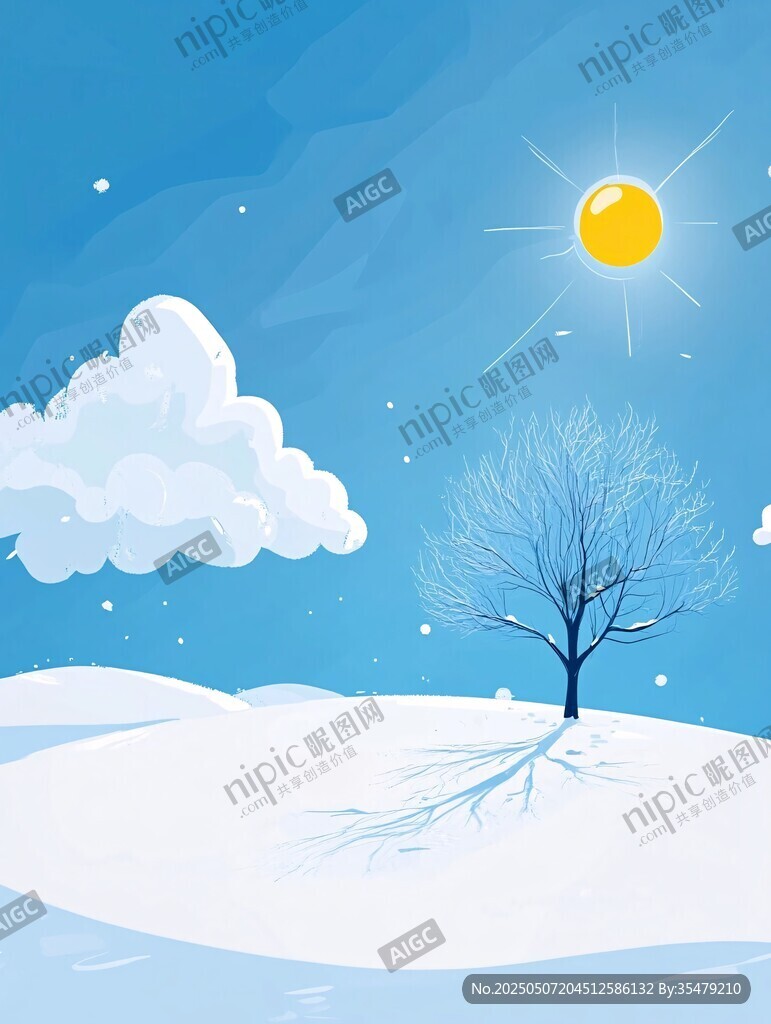冬日雪景下的孤樹與暖陽