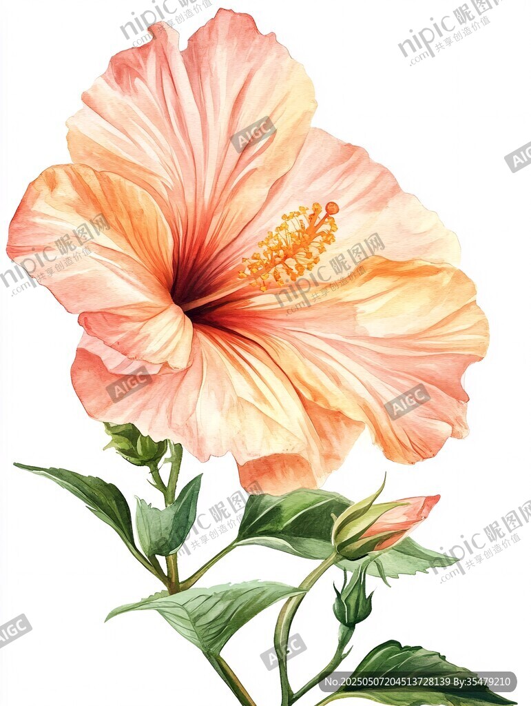 粉色木槿花水彩插畫