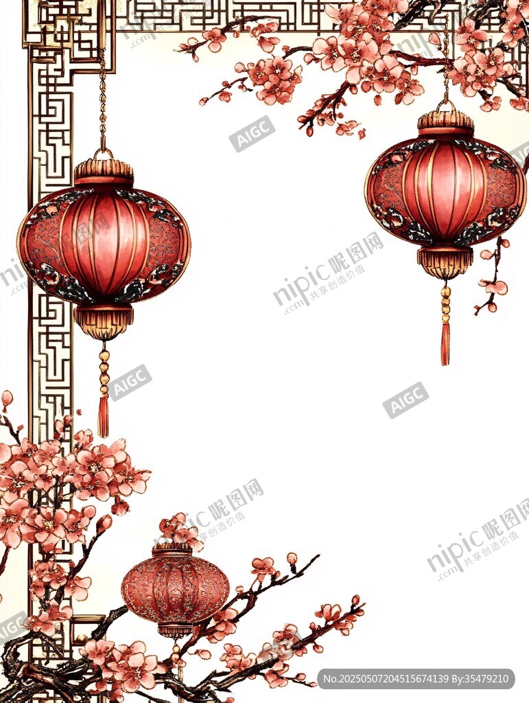 中式燈籠與繁花裝飾圖