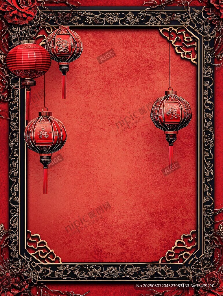 中式紅底燈籠邊框背景圖