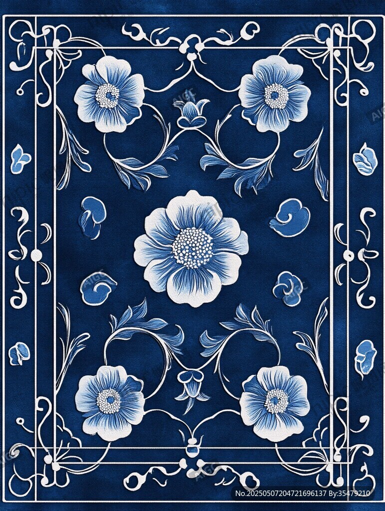藍(lán)白花卉中式復(fù)古圖案