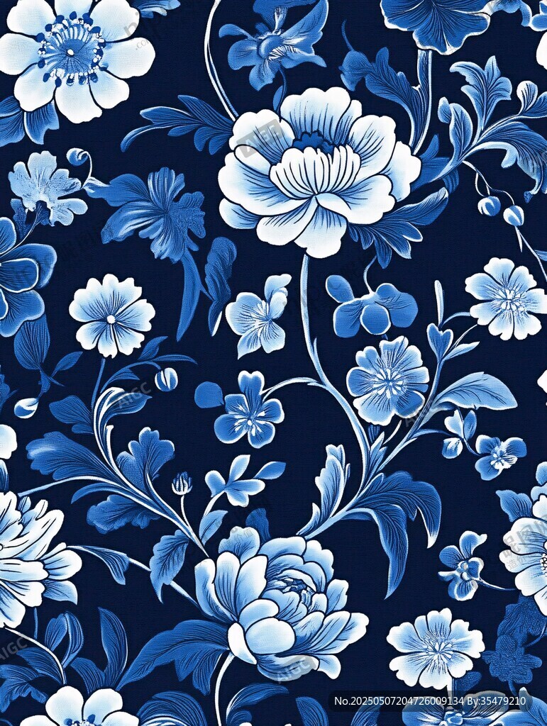 藍(lán)白花卉圖案的精美布料