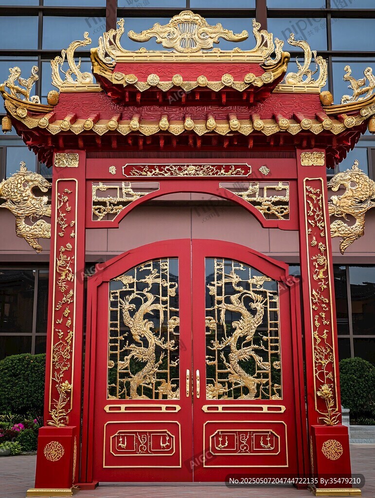 中式紅金雕花大門(mén)