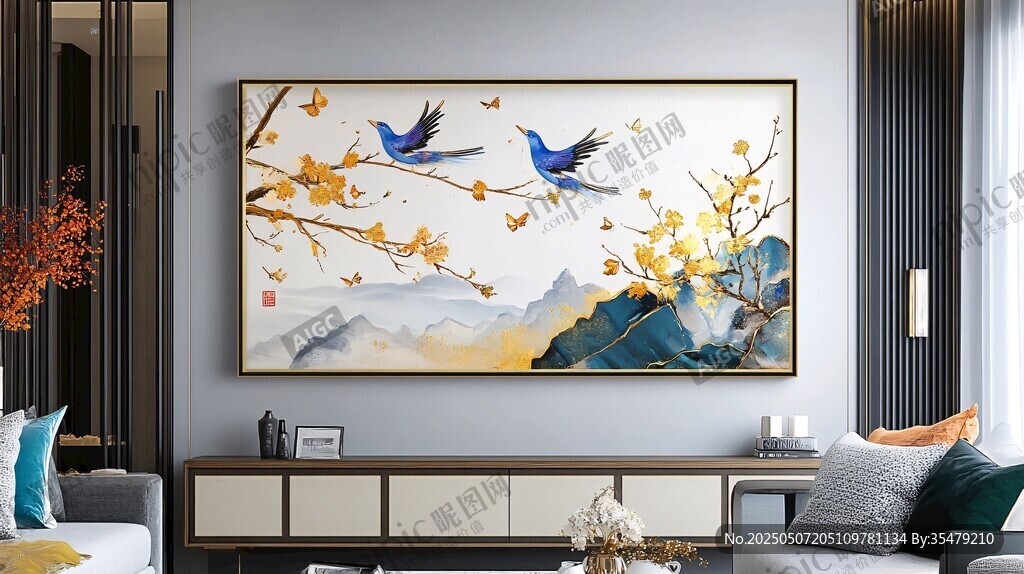 中式客廳中的花鳥裝飾畫