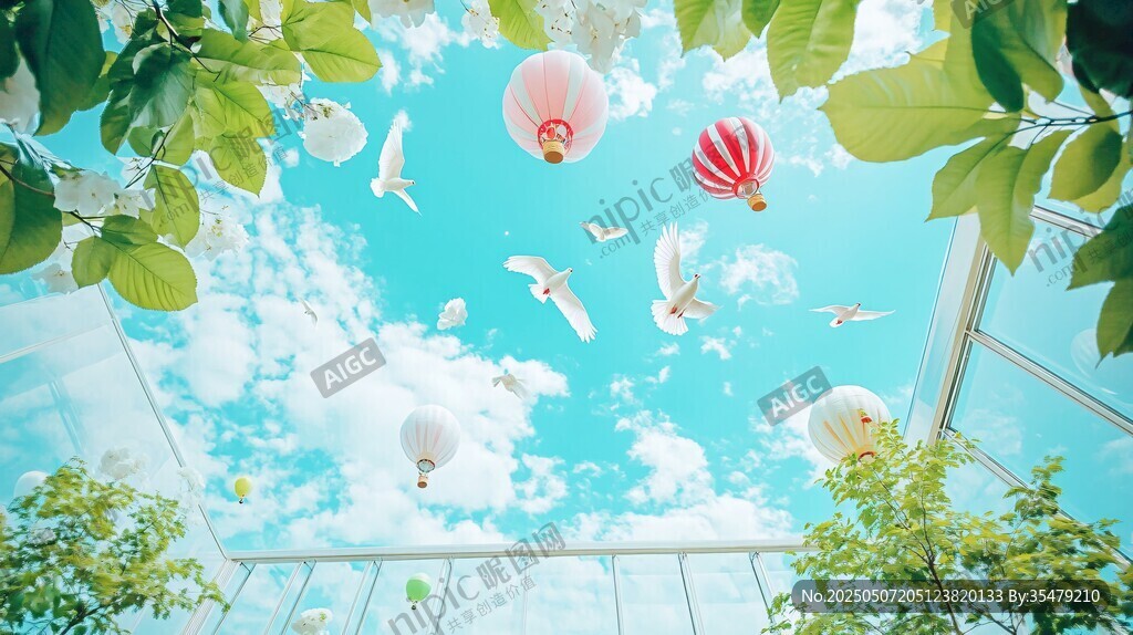 天空下的綠植與夢幻飛物