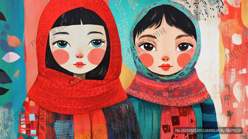 兩個戴圍巾的可愛女孩
