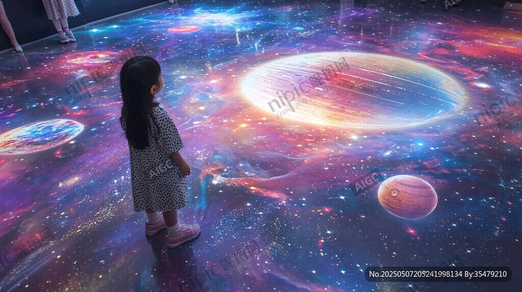 小女孩凝視夢(mèng)幻星空地板