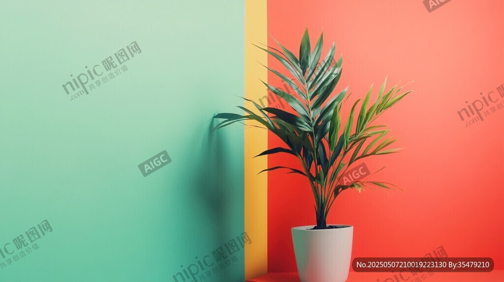 綠植立于多彩墻邊