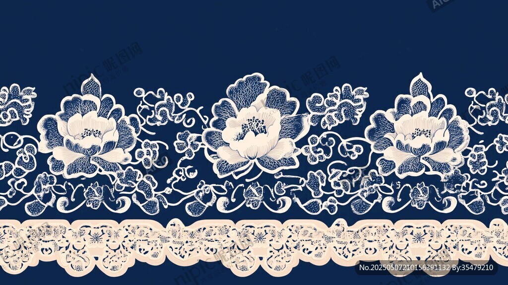 中式藍白花卉蕾絲花邊