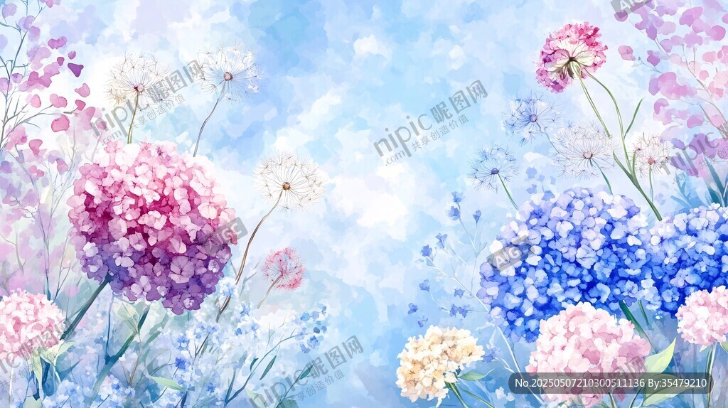 夢幻水彩花卉風景圖