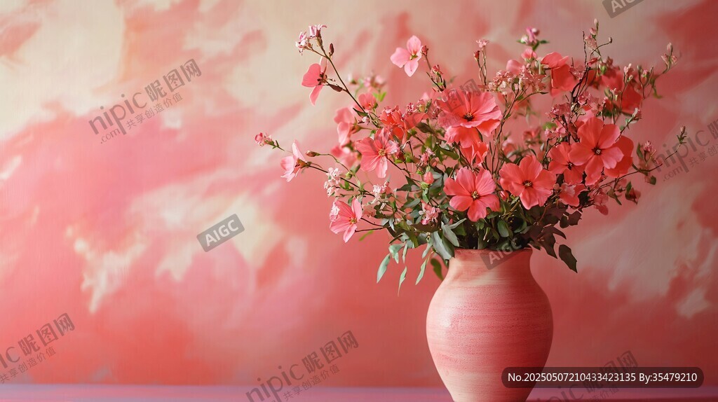 粉色花瓶中的艷麗花卉