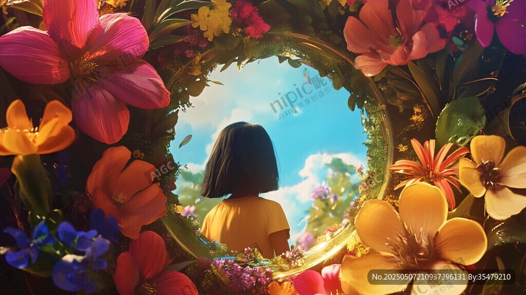 女孩透過花環(huán)望向藍天
