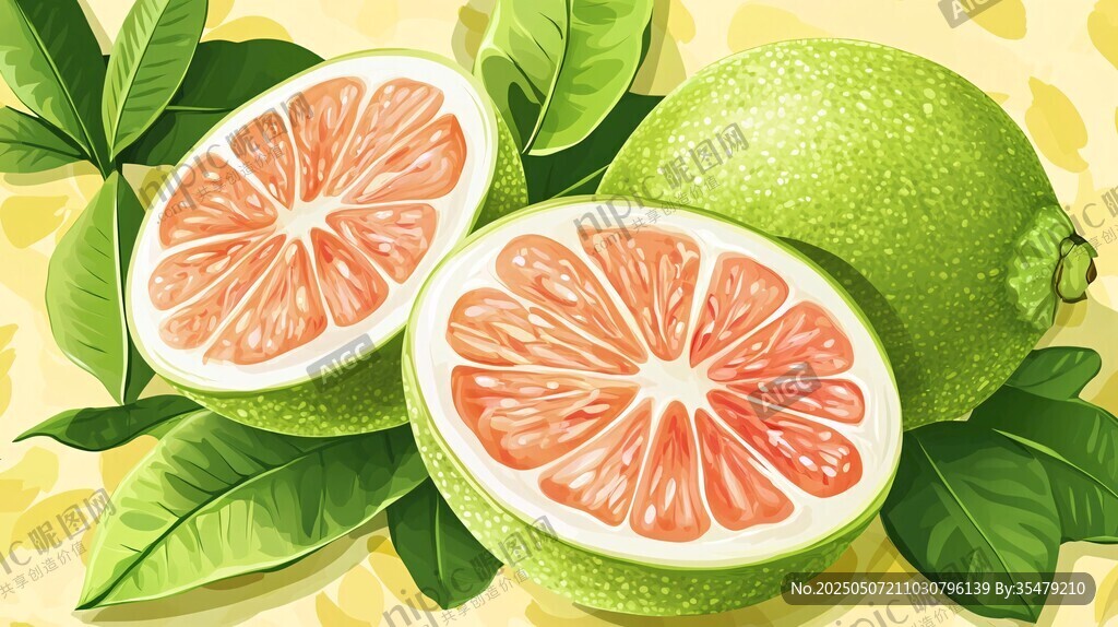 新鮮青柚切片與綠葉插畫(huà)