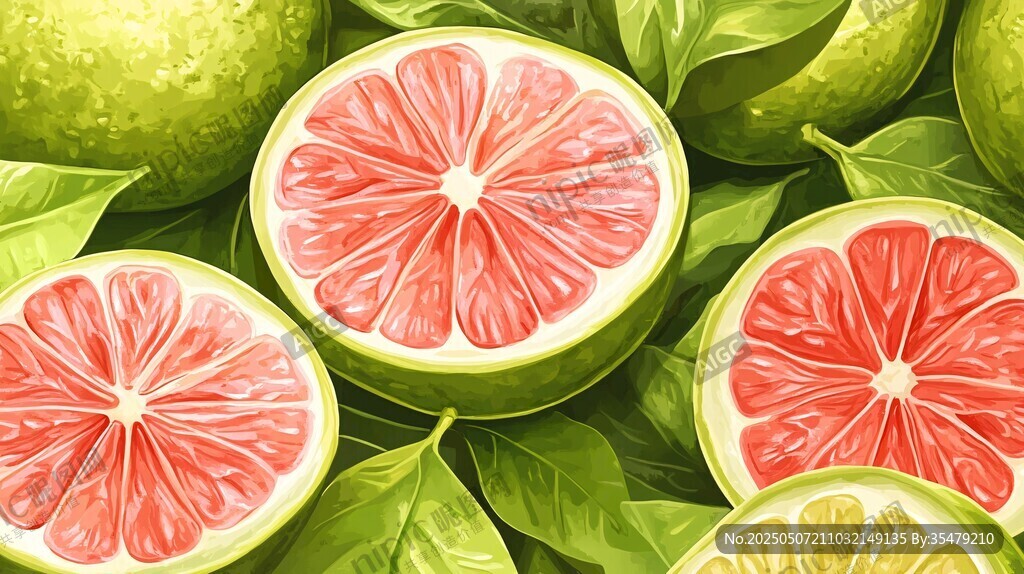多汁西柚與綠葉清新插畫