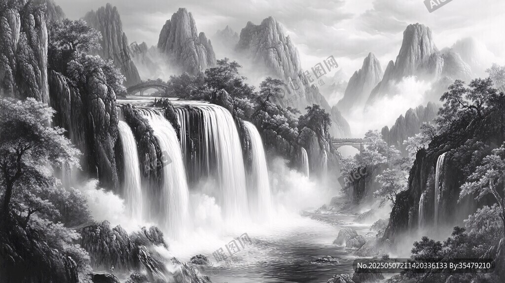 水墨山水間的壯麗瀑布景觀