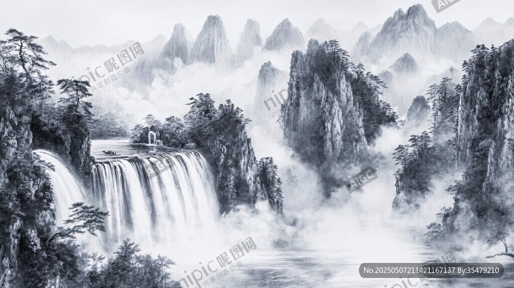水墨山水瀑布圖景