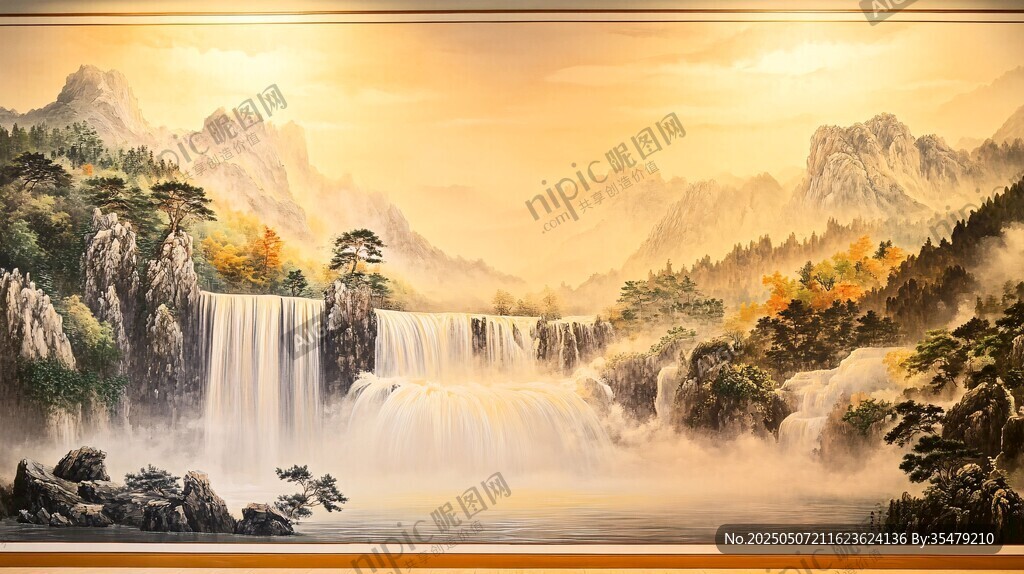 中式山水瀑布壯麗風(fēng)景畫