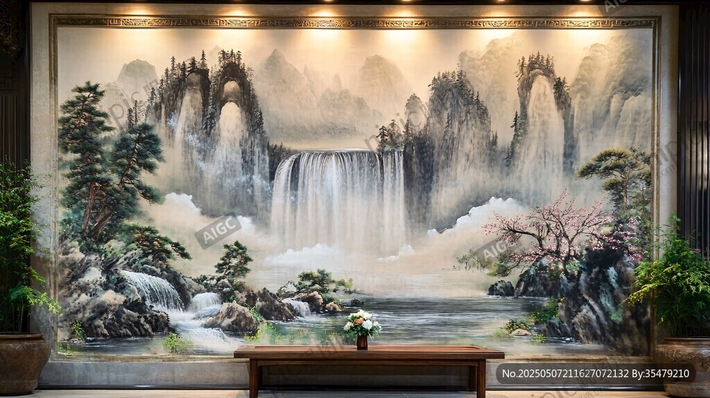 中式山水壁畫 典雅室內景