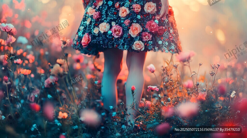 漫步花海的碎花裙少女