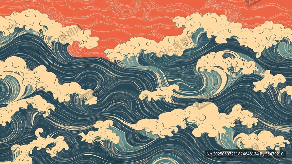 日式浮世繪風(fēng)格洶涌海浪圖