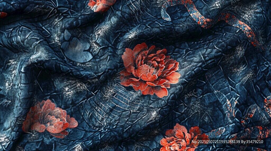 深藍(lán)底紅花復(fù)古風(fēng)布料