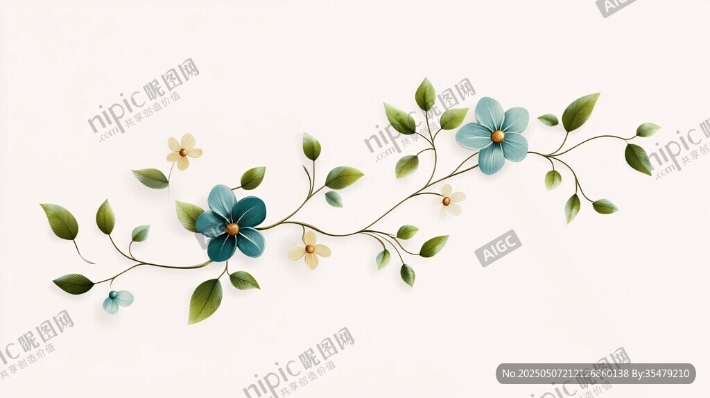 清新藍白花卉藤蔓裝飾圖