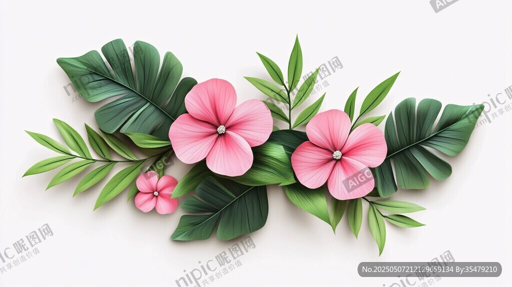 粉色花卉與綠葉裝飾圖案