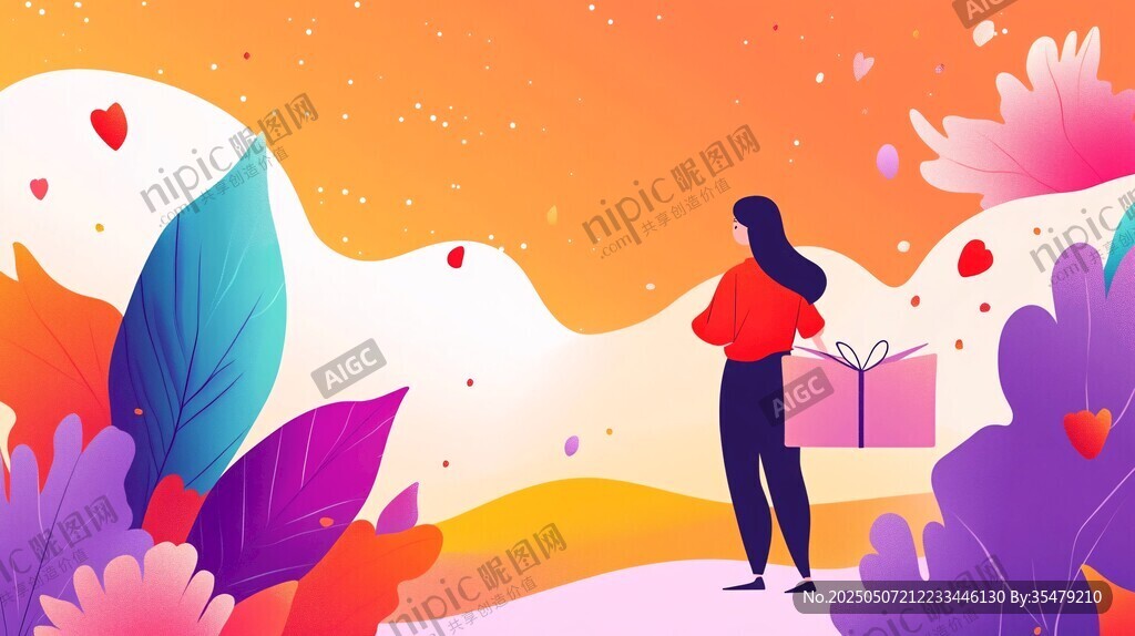 女孩手持禮盒置身浪漫花海