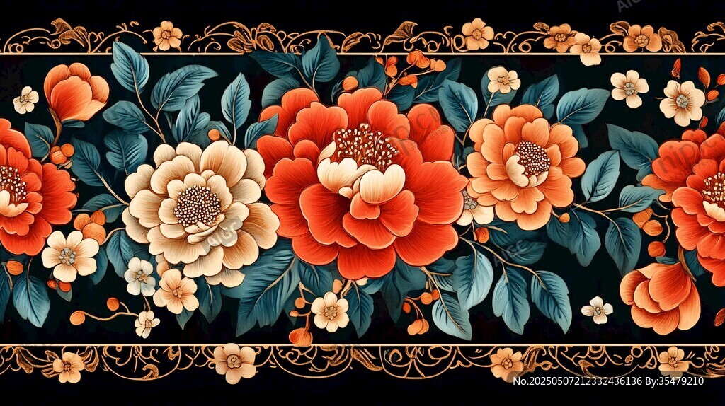 中式繁花錦簇花邊圖案