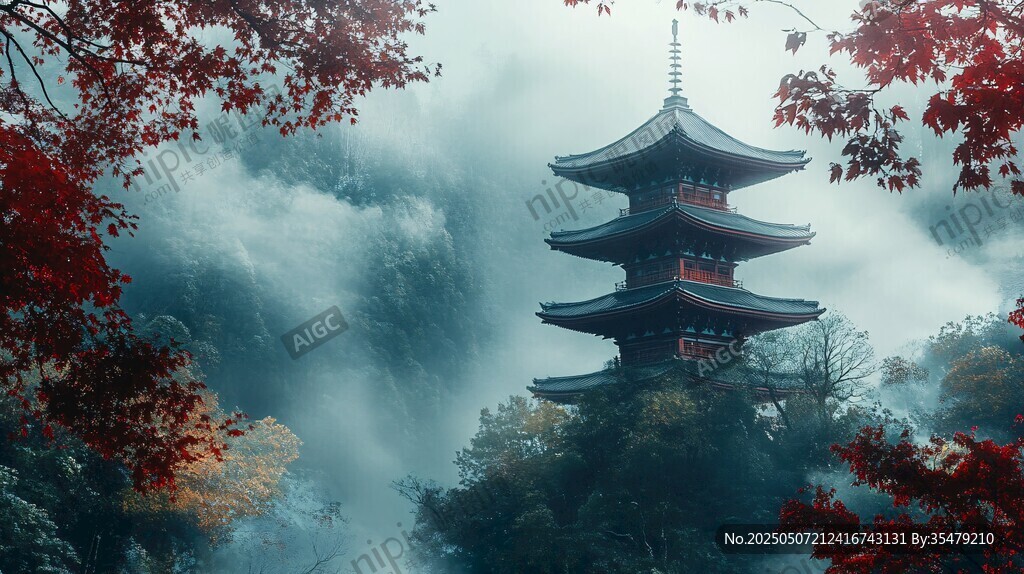 云霧中的日式紅葉寶塔