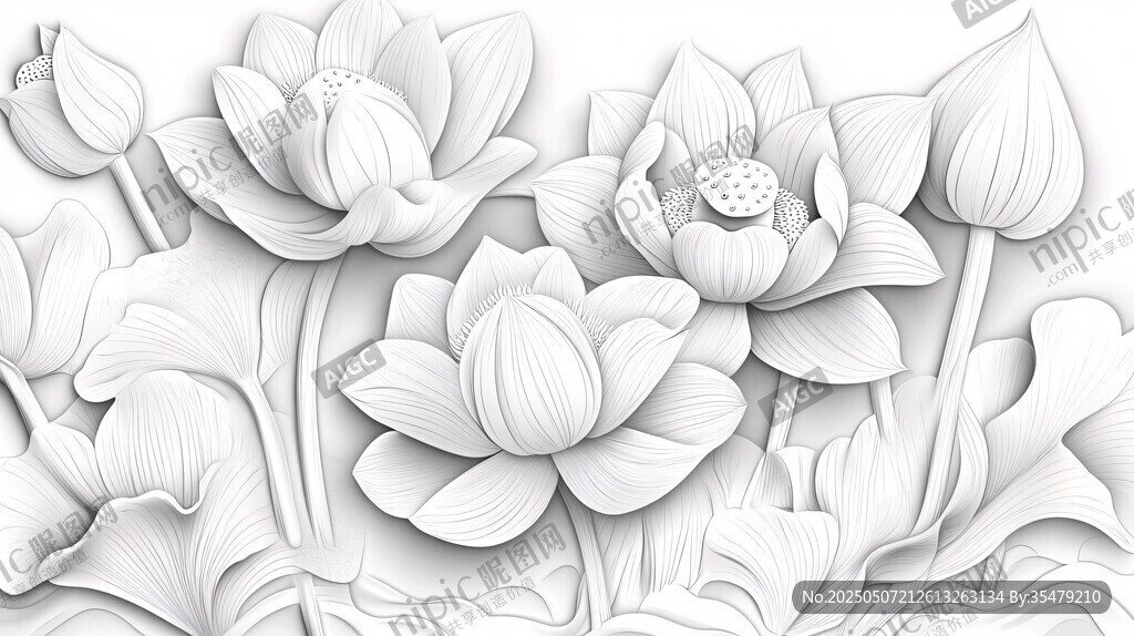 立體浮雕白描荷花圖案