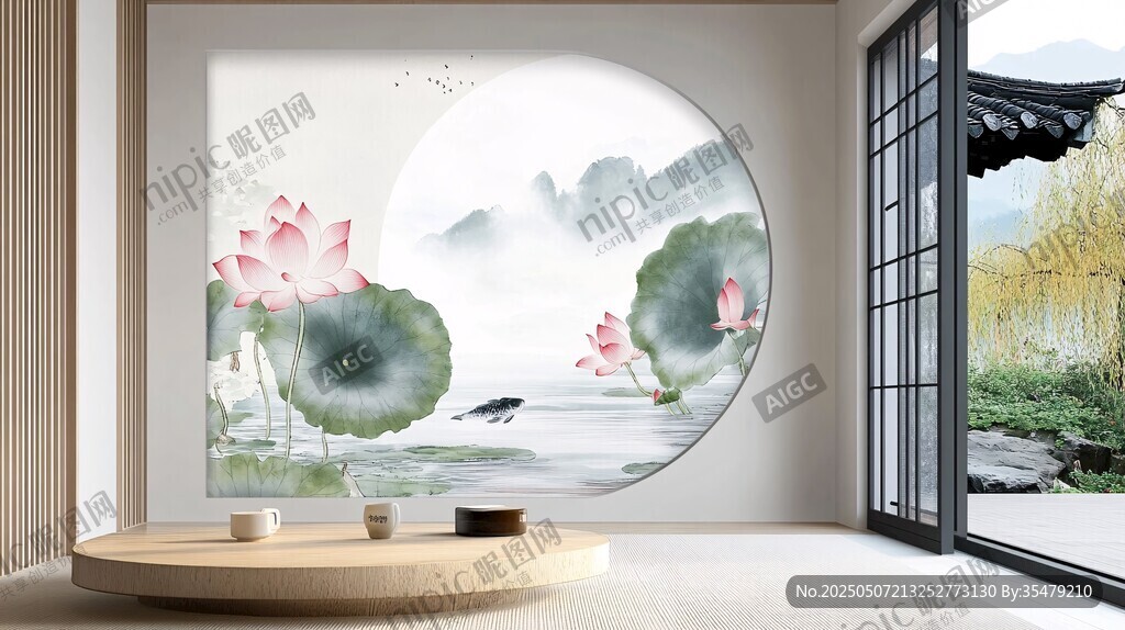 中式水墨荷花背景墻裝飾