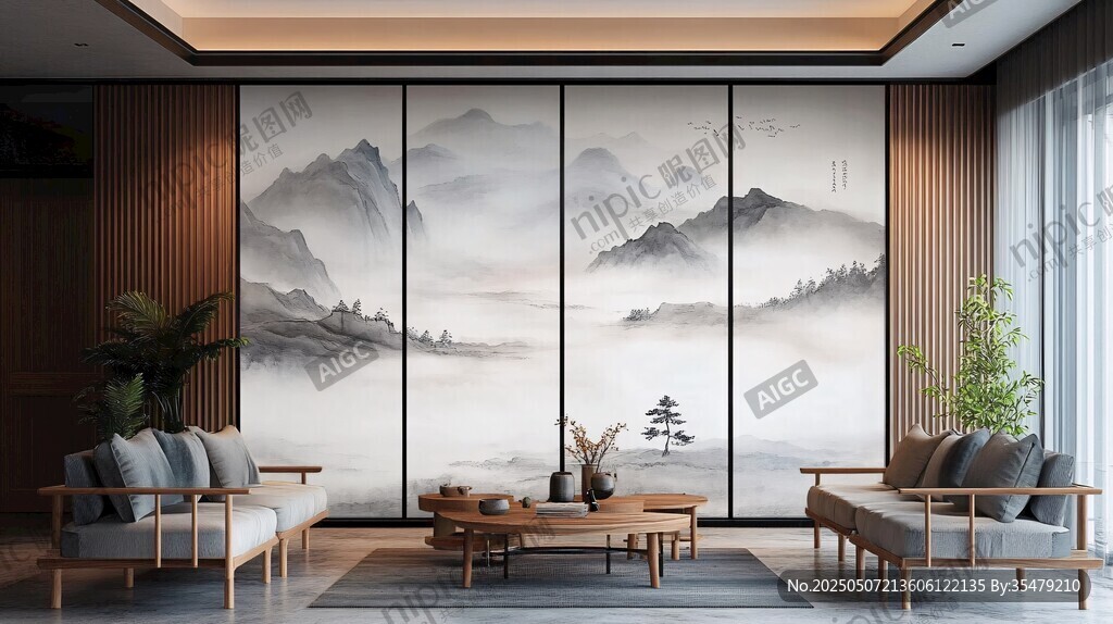 中式客廳水墨山水屏風美