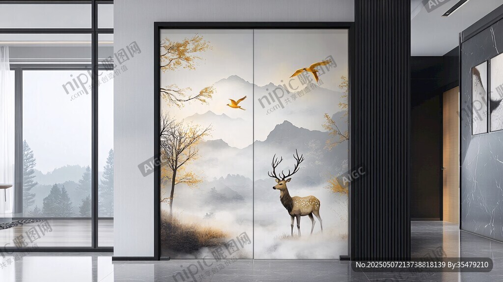 中式玄關(guān)壁畫(huà) 鹿鳥(niǎo)山水景