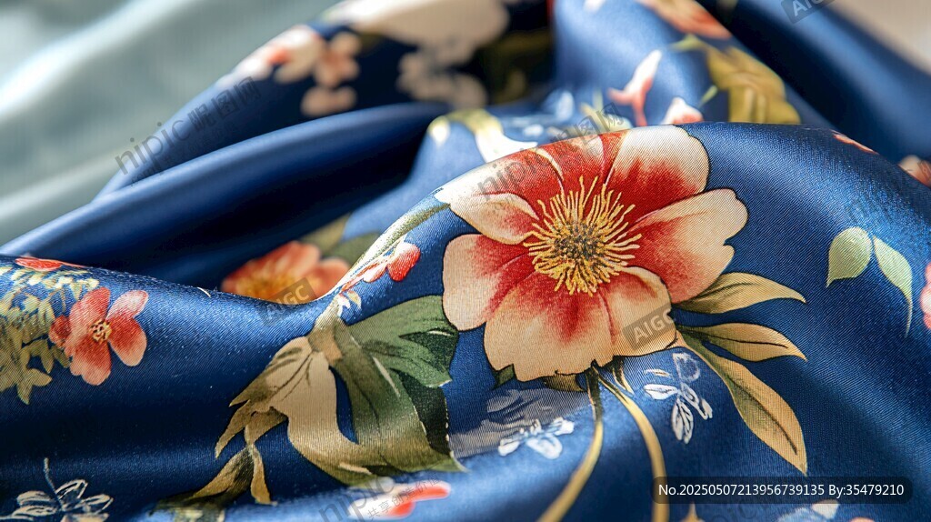藍(lán)底繁花絲綢面料特寫