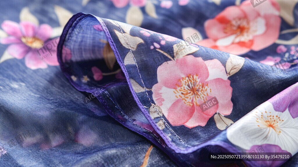 藍底花卉印花絲綢面料