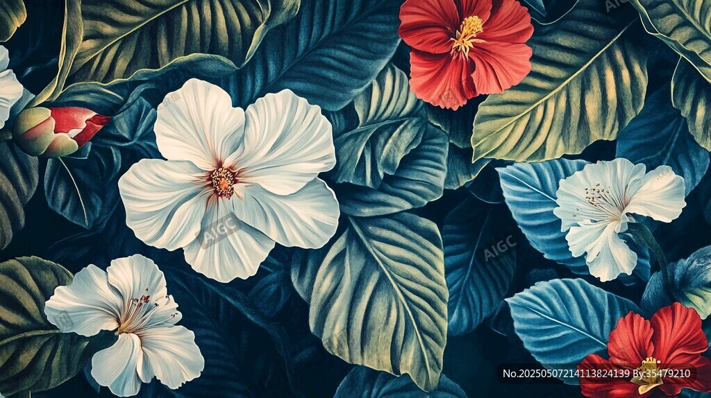 熱帶花卉與綠葉精美圖案