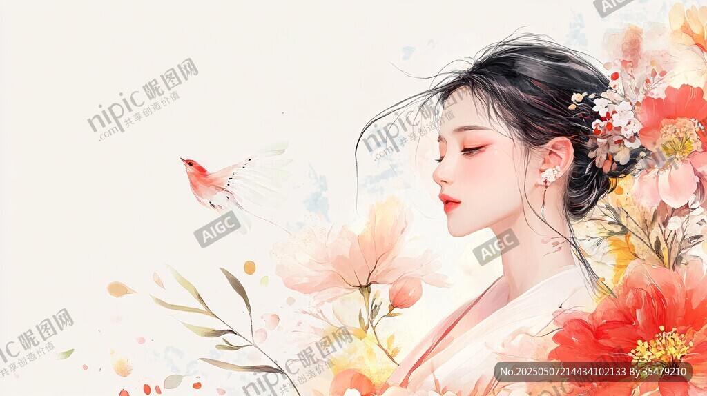 古風(fēng)佳人伴繁花與蝶舞