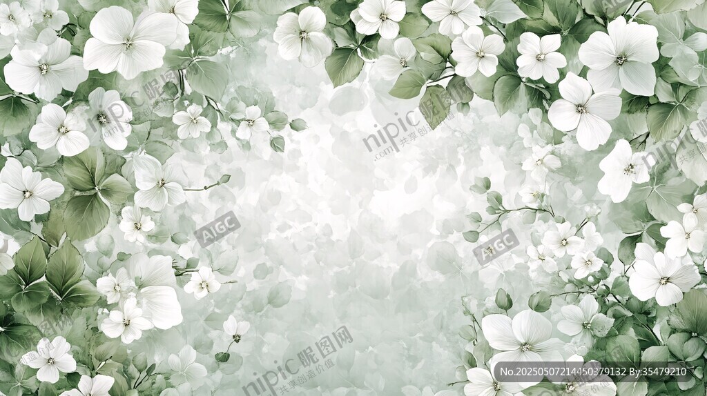 清新白花綠葉夢幻背景圖