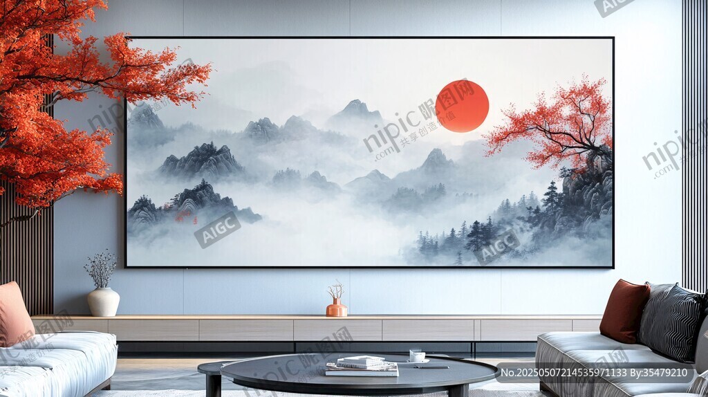 中式客廳中的山水紅日掛畫