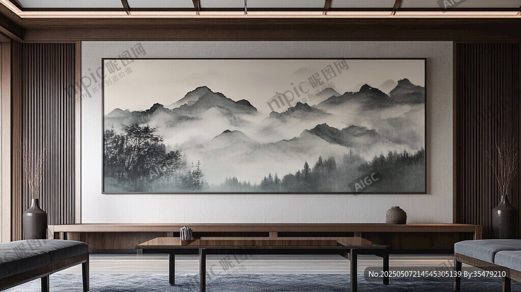 中式客廳中的山水墨畫意境